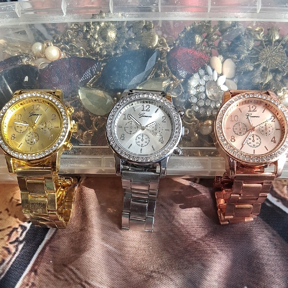 Geneva Trio: Gold, Silver, and Rose Gold Watches